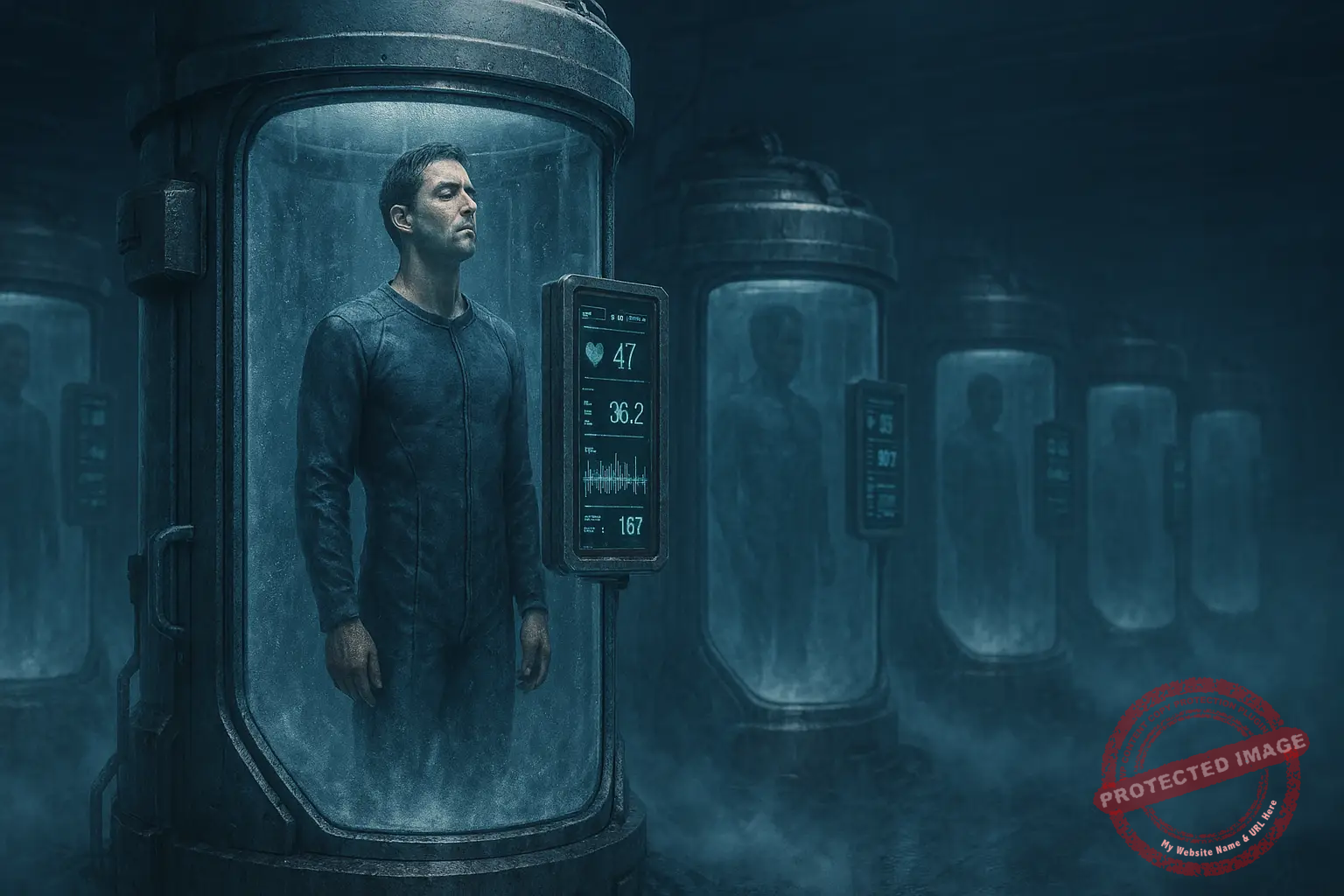 Row of cryochambers glowing beneath frost, sealed in a subterranean dome of ice and memory