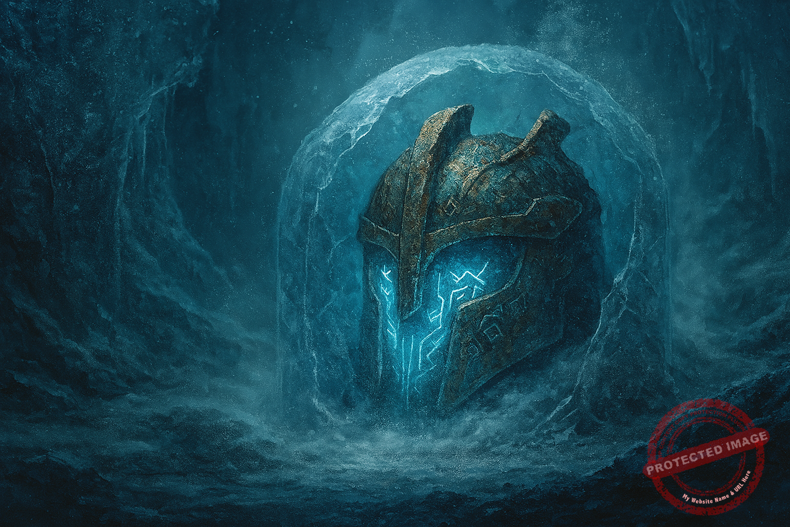 Ancient helmet artifact glowing with runes, encased in jagged ice within a frozen cave