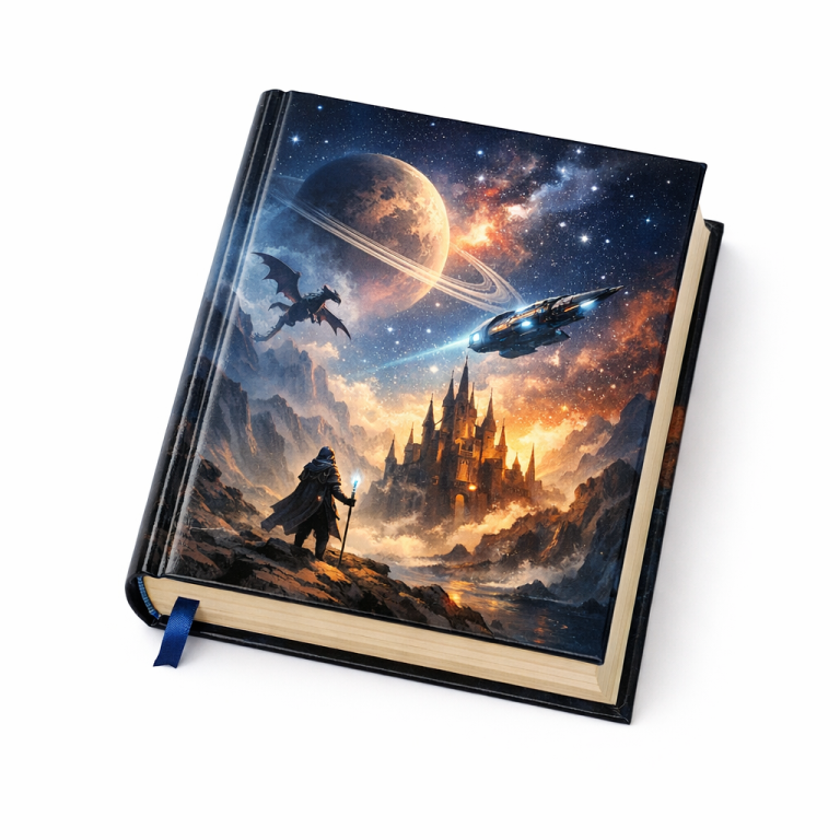 An imaginary science fiction or fantasy book placed on a plain white background.