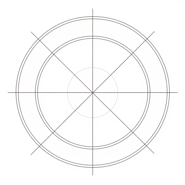 “Blueprint‑style geometric diagram with deep charcoal lines on a white background, showing concentric circles and alignment axes.