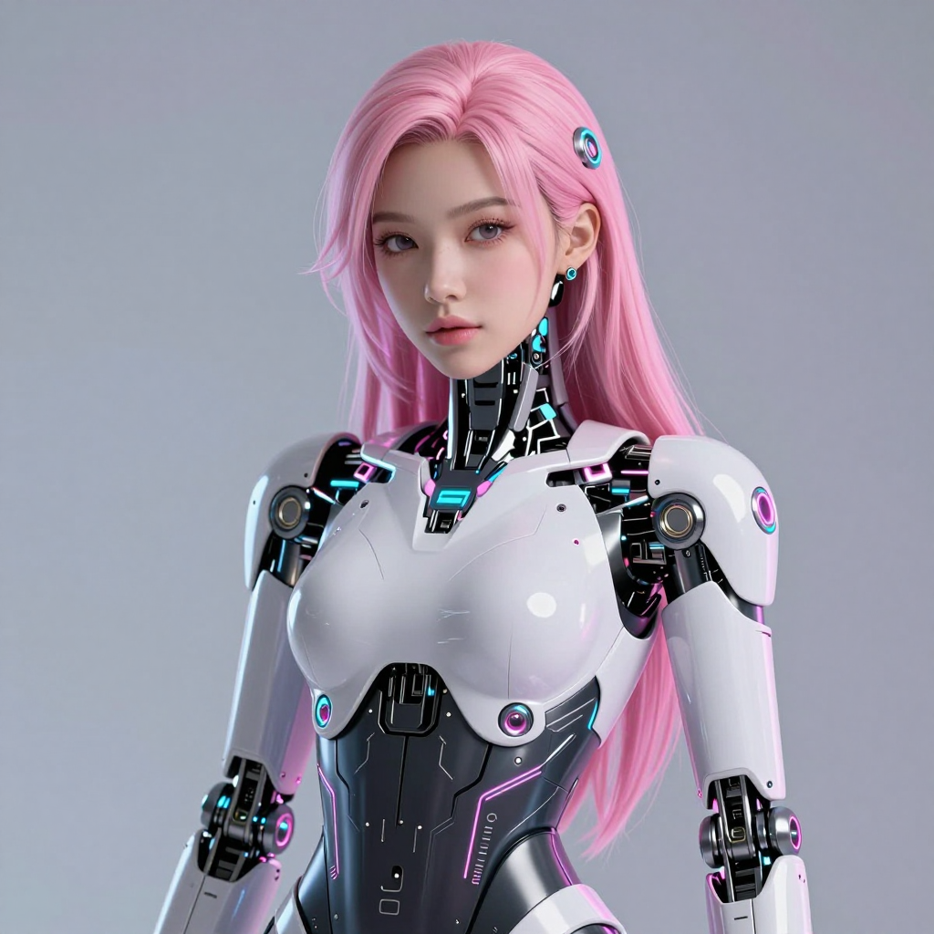 Cybernetic female robot with vibrant pink hair and sleek metallic features.